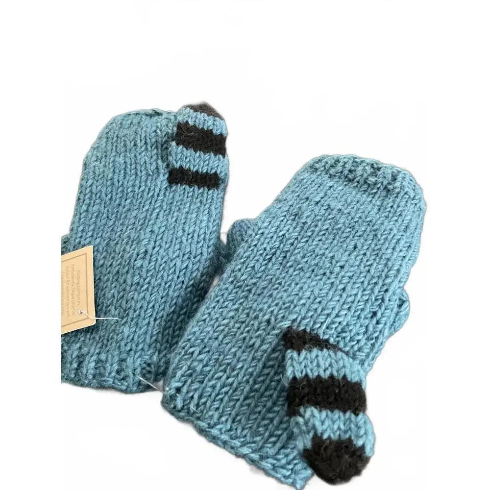 Fair Trade Handmade Blue Wool Convertible Mittens with Raccoon Design OS Adult